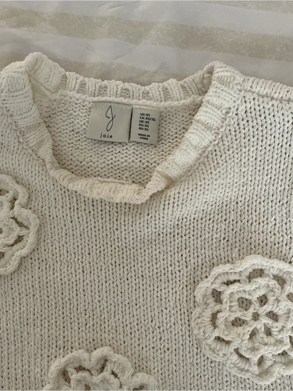 Joie Cream Crochet Flower Puff-Sleeve Knit Top - Picture 6 of 8